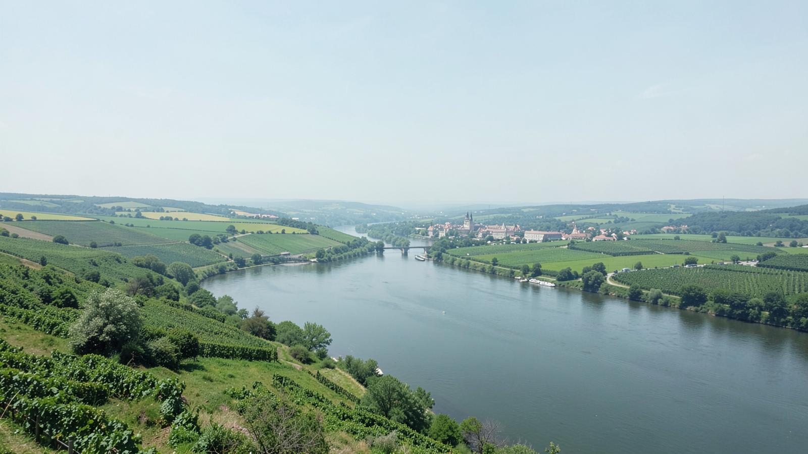 Weinberge und Dorf in Rheinhessen bei farbenfrohem Sonnenuntergang